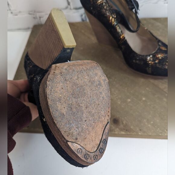 Feud Britannia Handmade shoes Snakeskin print chucky wedge style 6 mary janes - Picture 7 of 10